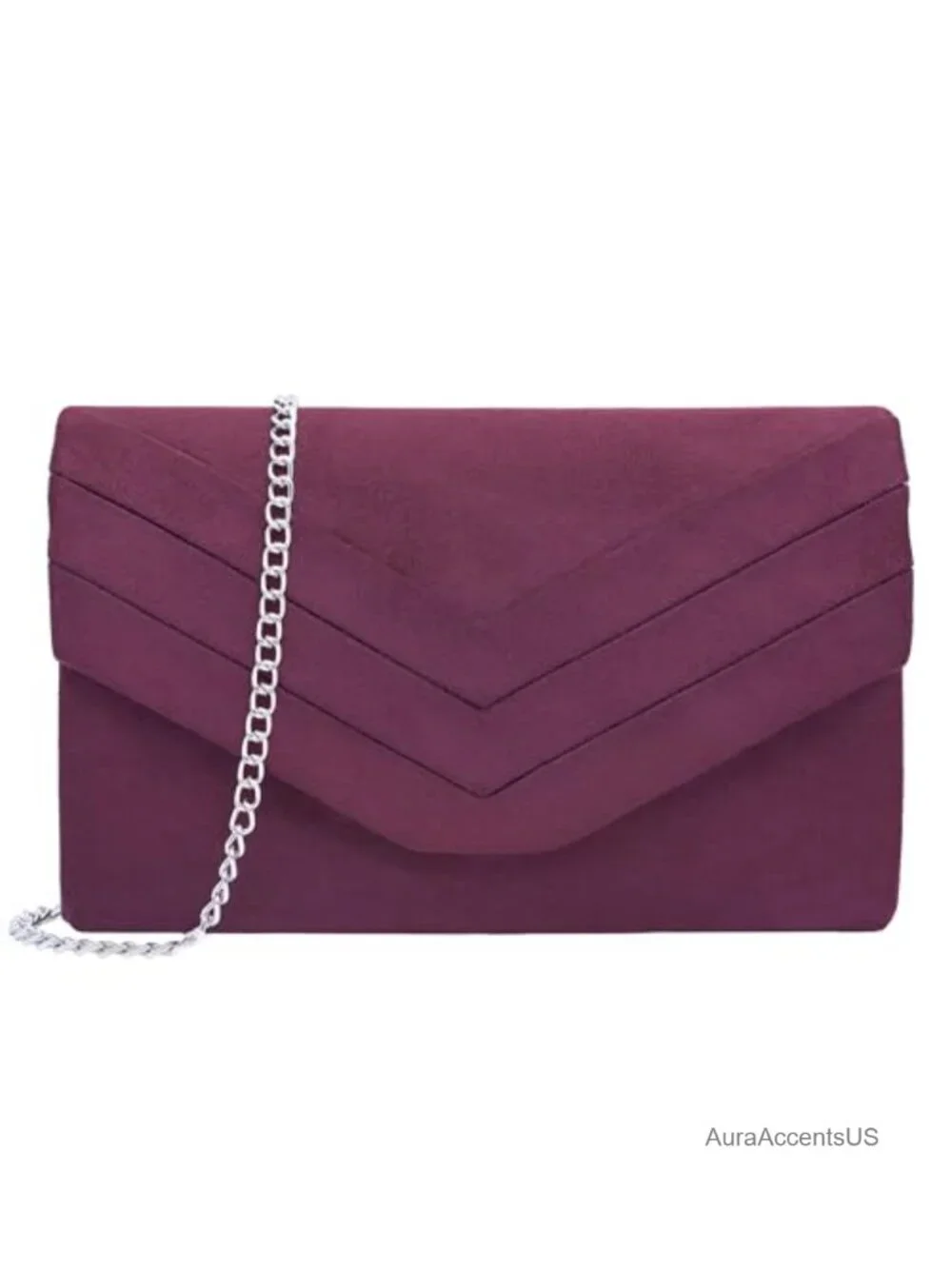 Suede Pleated Evening Clutch Bag with Magnetic Closure, Silver Chain, Crossbody
